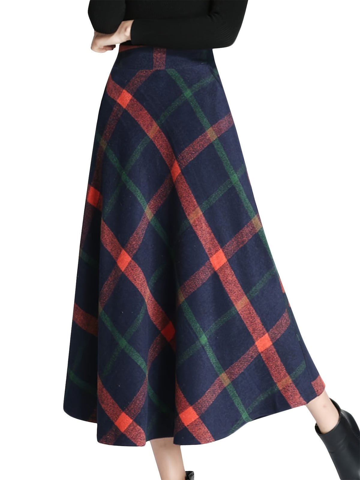 Wool Plaid Maxi Skirt Women A-Line Pleated Elastic Waist Fall Winter Long Skirt Grey M-XXL