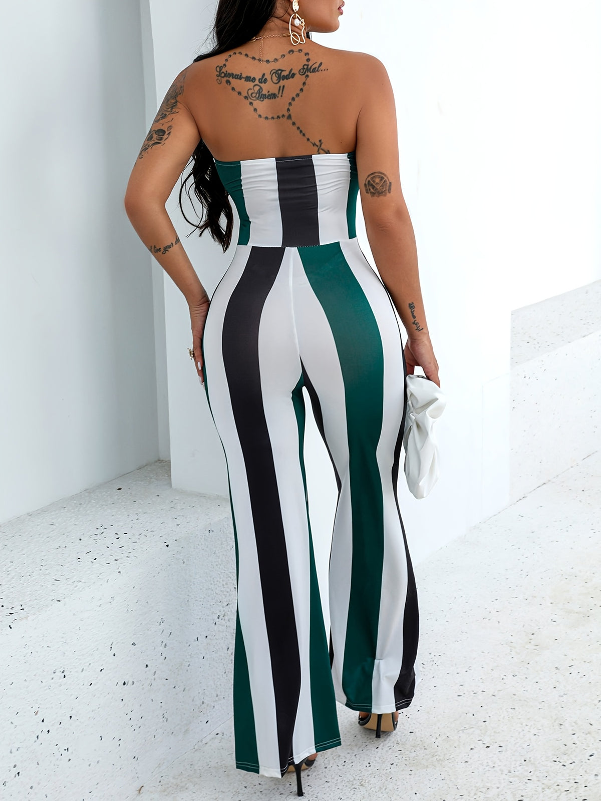 Striped Colorblock Cutout Bandeau Jumpsuit Women Sleeveless Harem Long Beach Summer One Piece with Belt S-XXL