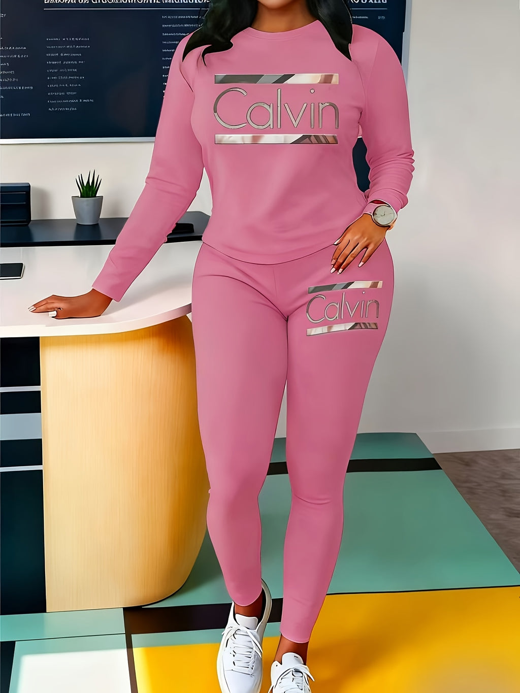 Women's Letter Print 2pcs Set Oversized Round Neck Sweatshirt & Wide-Leg Pants Casual All-Season Soft Knit Matching Outfit Work Everyday