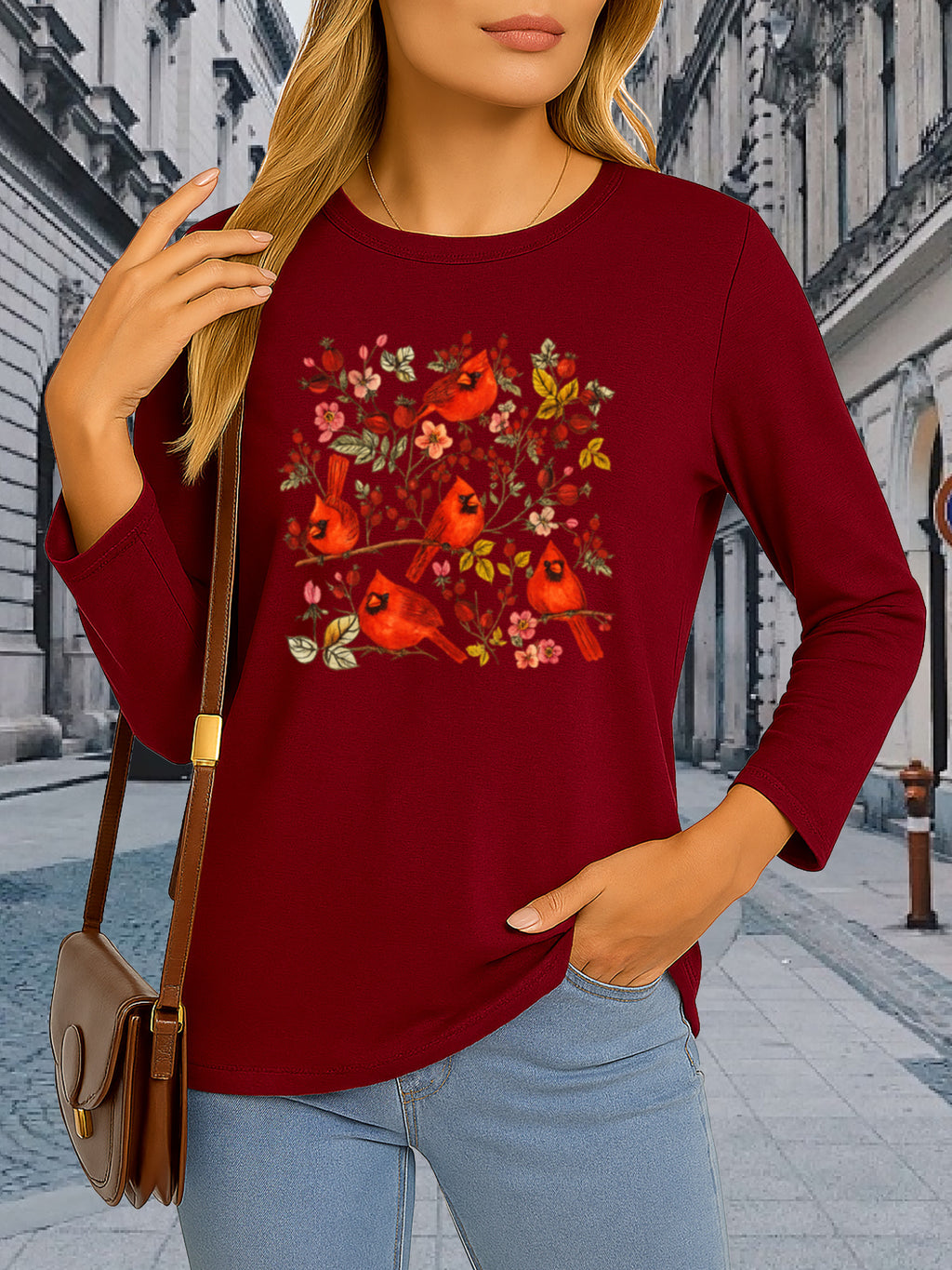 Magpie Floral Print Long Sleeve T-Shirt Women Casual Round Neck Graphic Tee Spring Summer Fall Knit Top