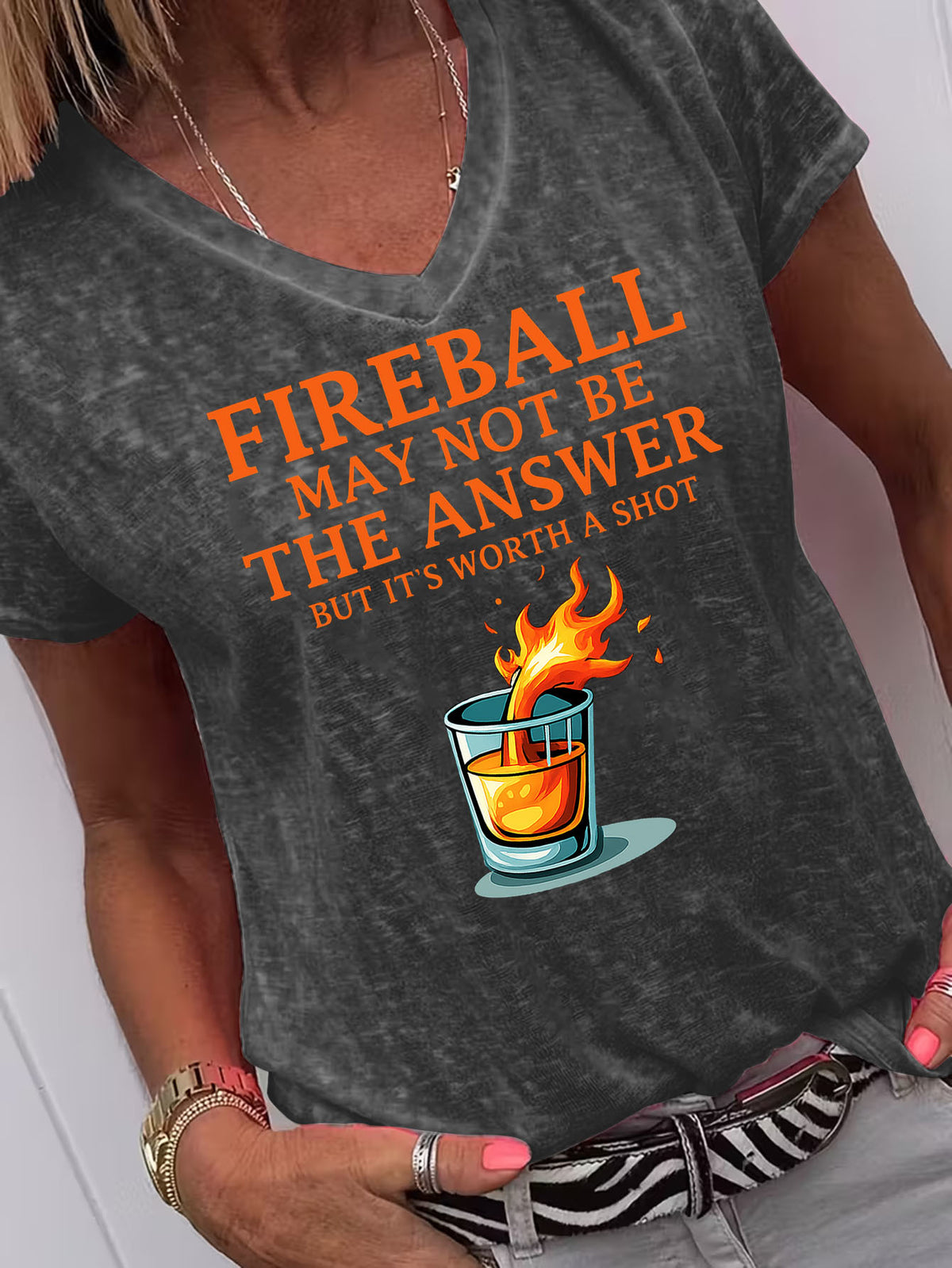 Fireball May Not Be The Answer Funny Quote V-Neck T-Shirt Women Casual Graphic Print 95% Polyester Stretch Knit Short Sleeve Novelty Holiday Gift Tee S-XXL