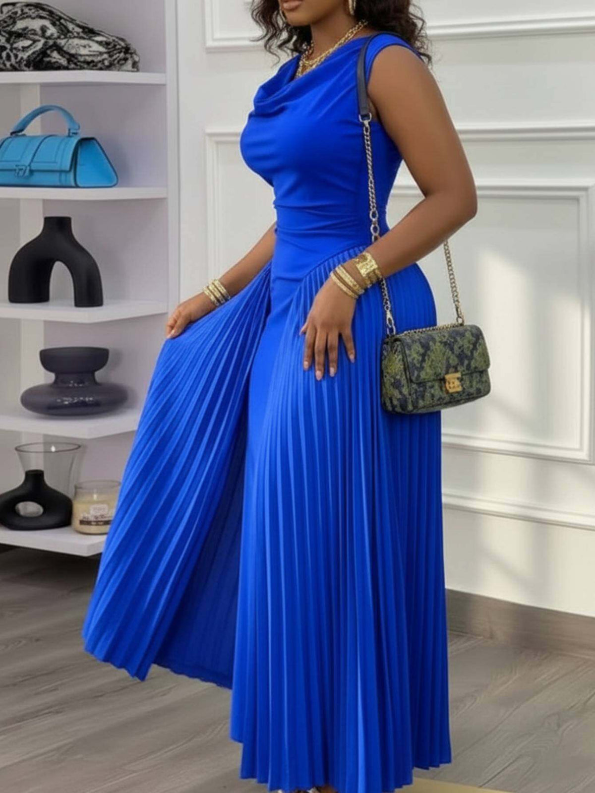 Pleated Maxi Dress Women Dark Green Sleeveless High Neck Waist-Defining Fit Flare Elegant Formal Dinner Spring Summer S M L XL XXL