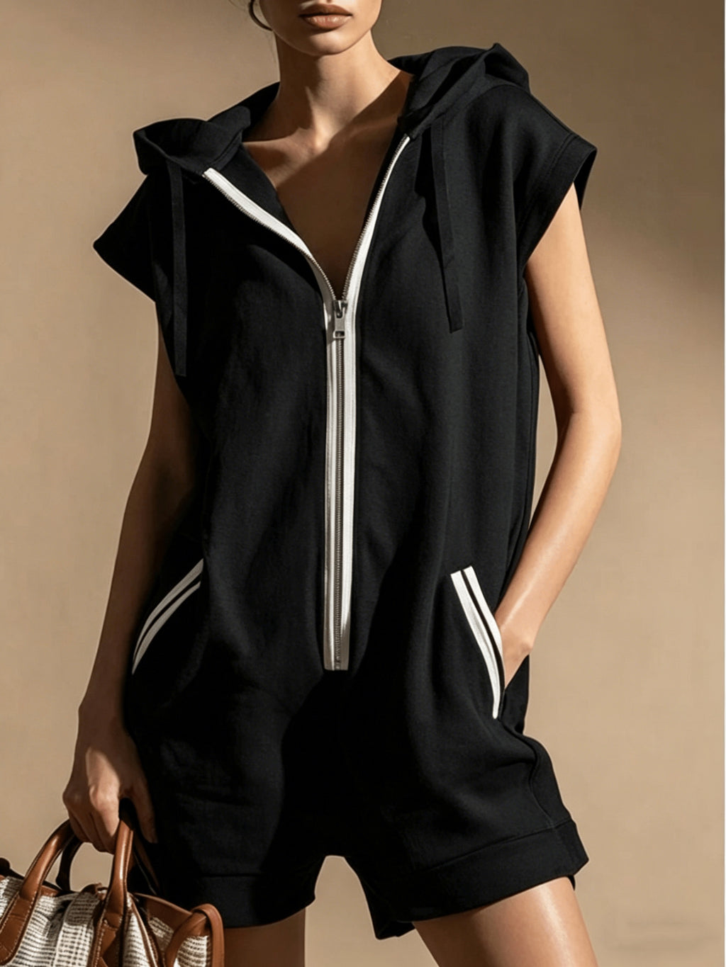Women's Hooded Sweatshirt Sports Jumpsuit Solid Color Casual Athletic One Piece Hoodie Romper Activewear for Outings & Gym