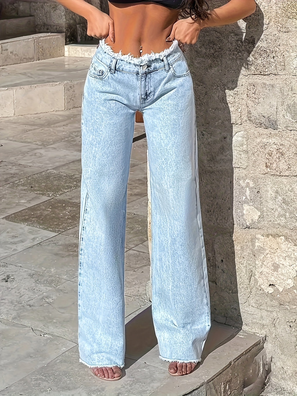 Wide Leg Jeans Women Light Blue Frayed Hem Loose Fit Denim Pants Casual Chic Street Style Spring Summer Fall S-XXL