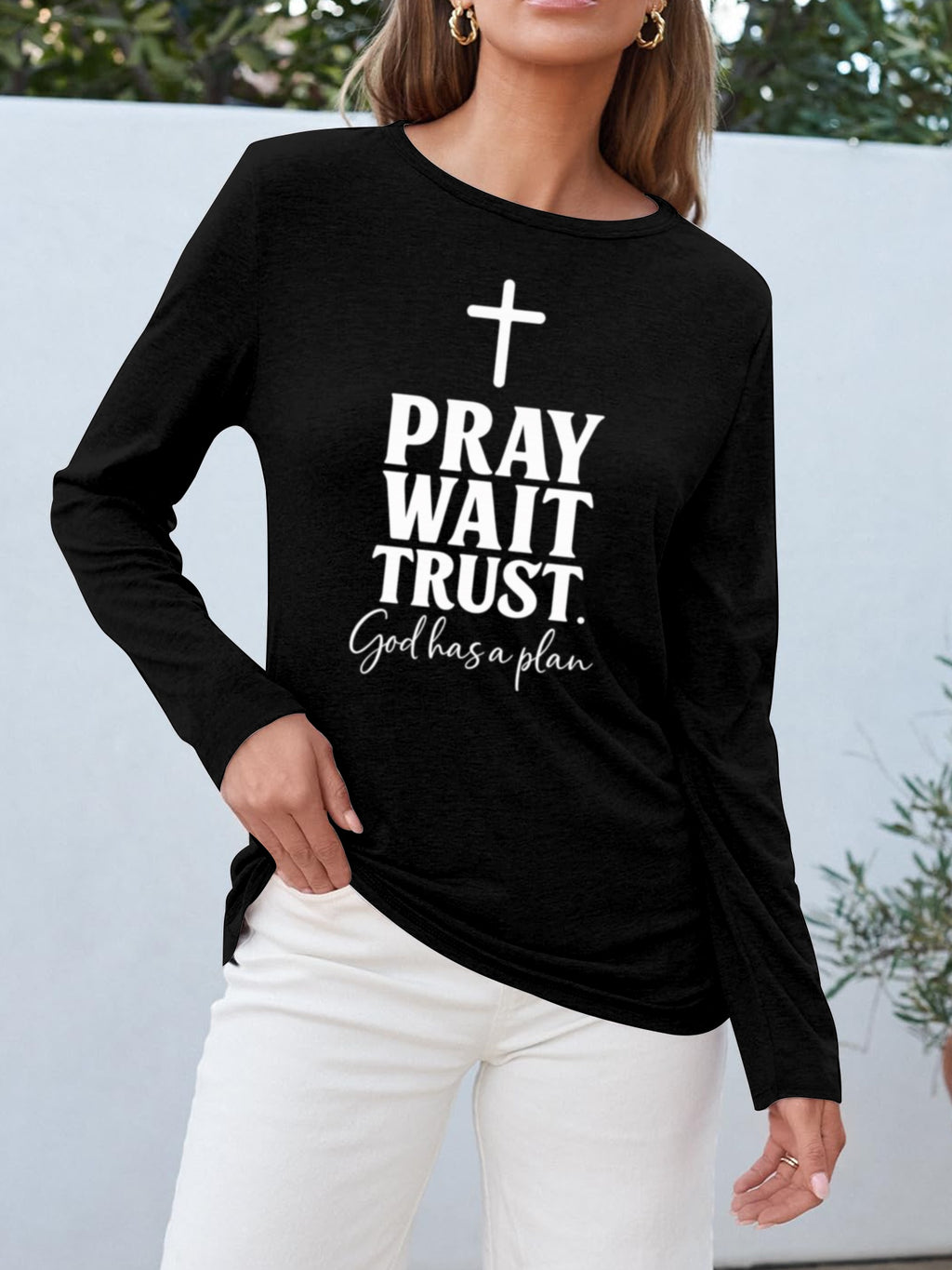Faith Christian Print Women Long Sleeve T-Shirt Crew Neck Casual Spiritual Graphic Tee Soft Breathable Everyday Top Spring Fall