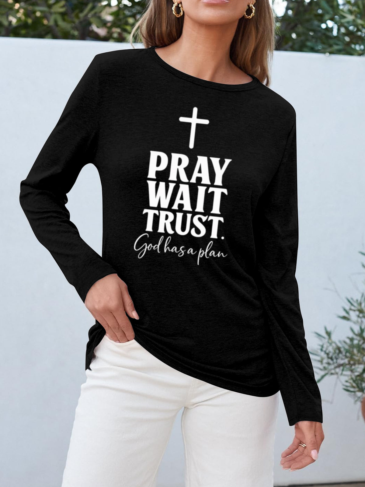Faith Christian Print Women Long Sleeve T-Shirt Crew Neck Casual Spiritual Graphic Tee Soft Breathable Everyday Top Spring Fall