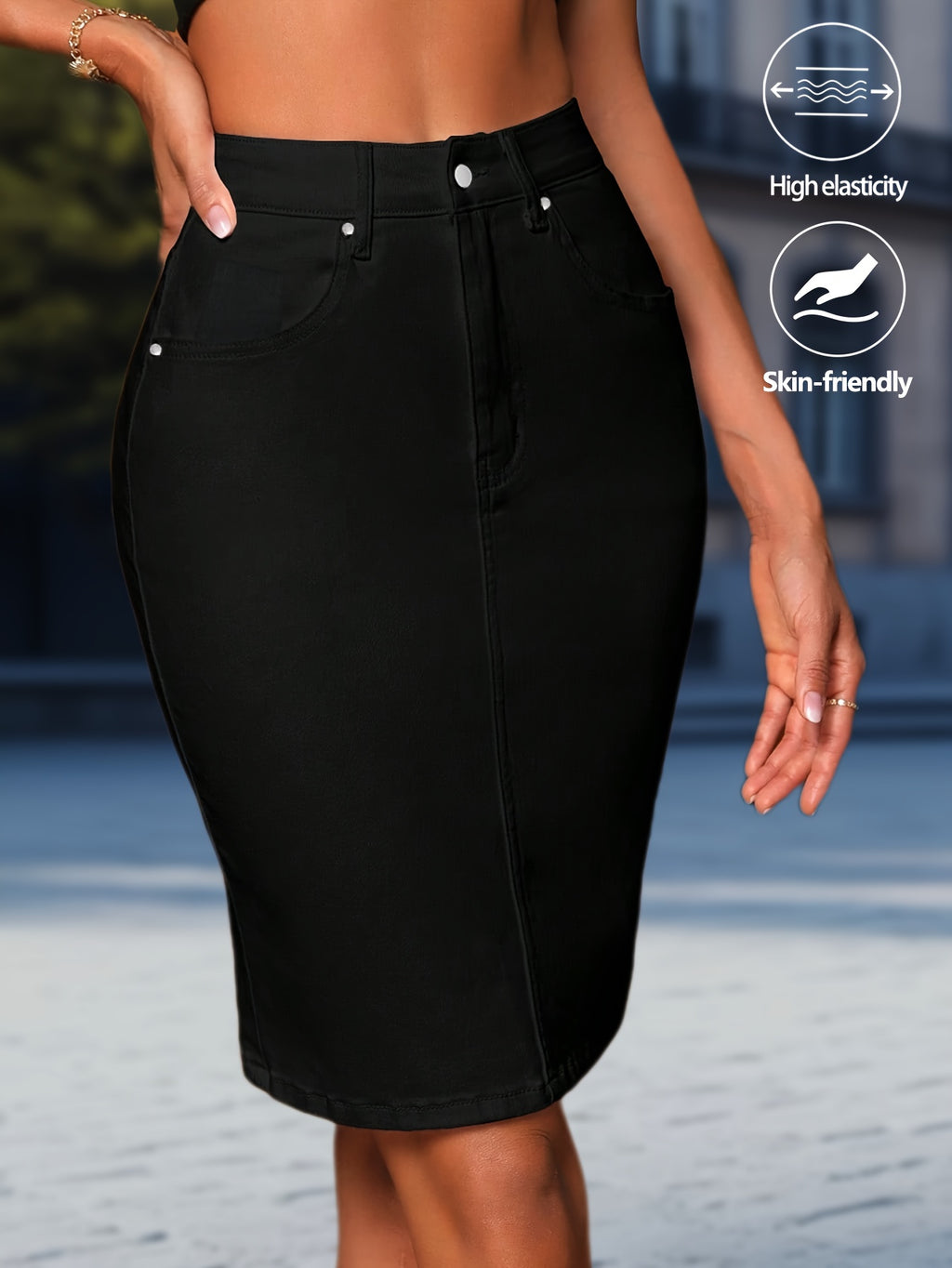 Women High Waist Black Denim Pencil Skirt Slim Fit Button Front Side Slit Pockets Stretchy Y2K Vintage Casual Style