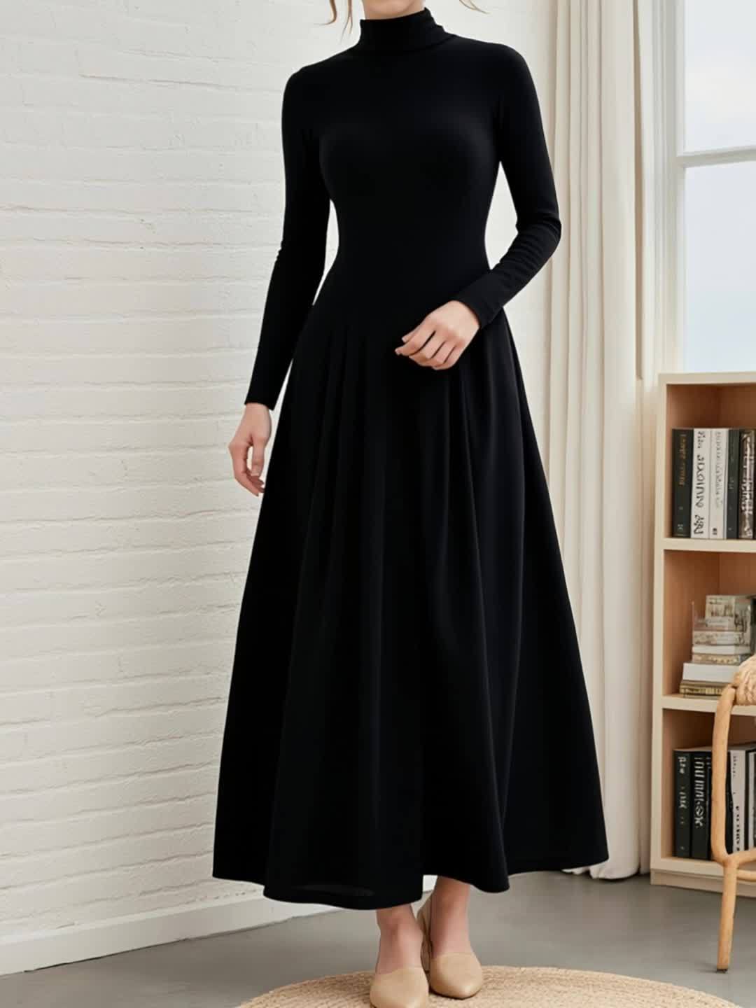 High Neck Long Sleeve Fitted Maxi Dress Women Elegant Black Pleated Hem Office Date Fall Winter Formal Dress Smooth Fit S-XXL