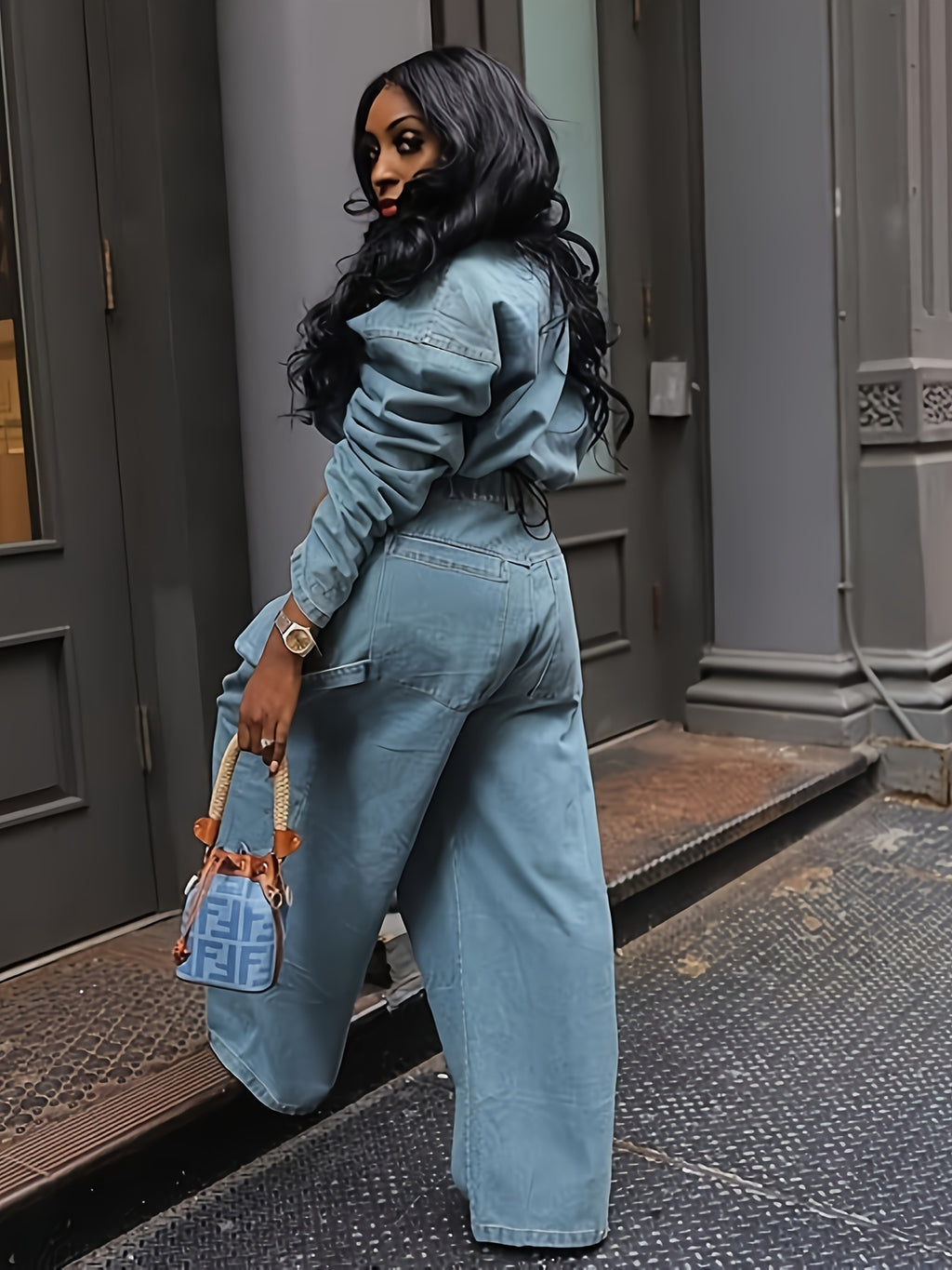 Denim 2-Piece Set Women Ruched Zip-Up Cropped Jean Jacket Wide Leg Pants Chic Matching Outfit Black Sky Blue S-XXL