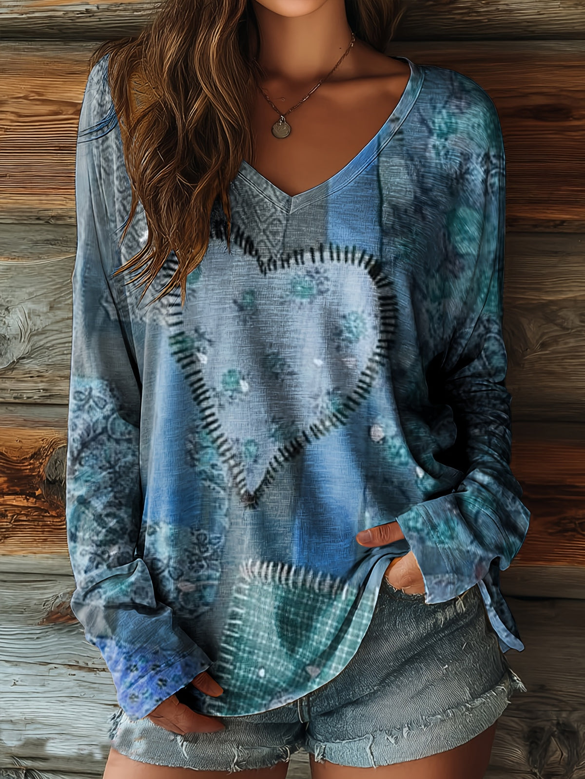Heart Floral Patchwork Long Sleeve T-Shirt Women Vintage Retro V-Neck Loose Fit Casual Outdoor Fall Winter Top Soft Stretch Red S-XXL