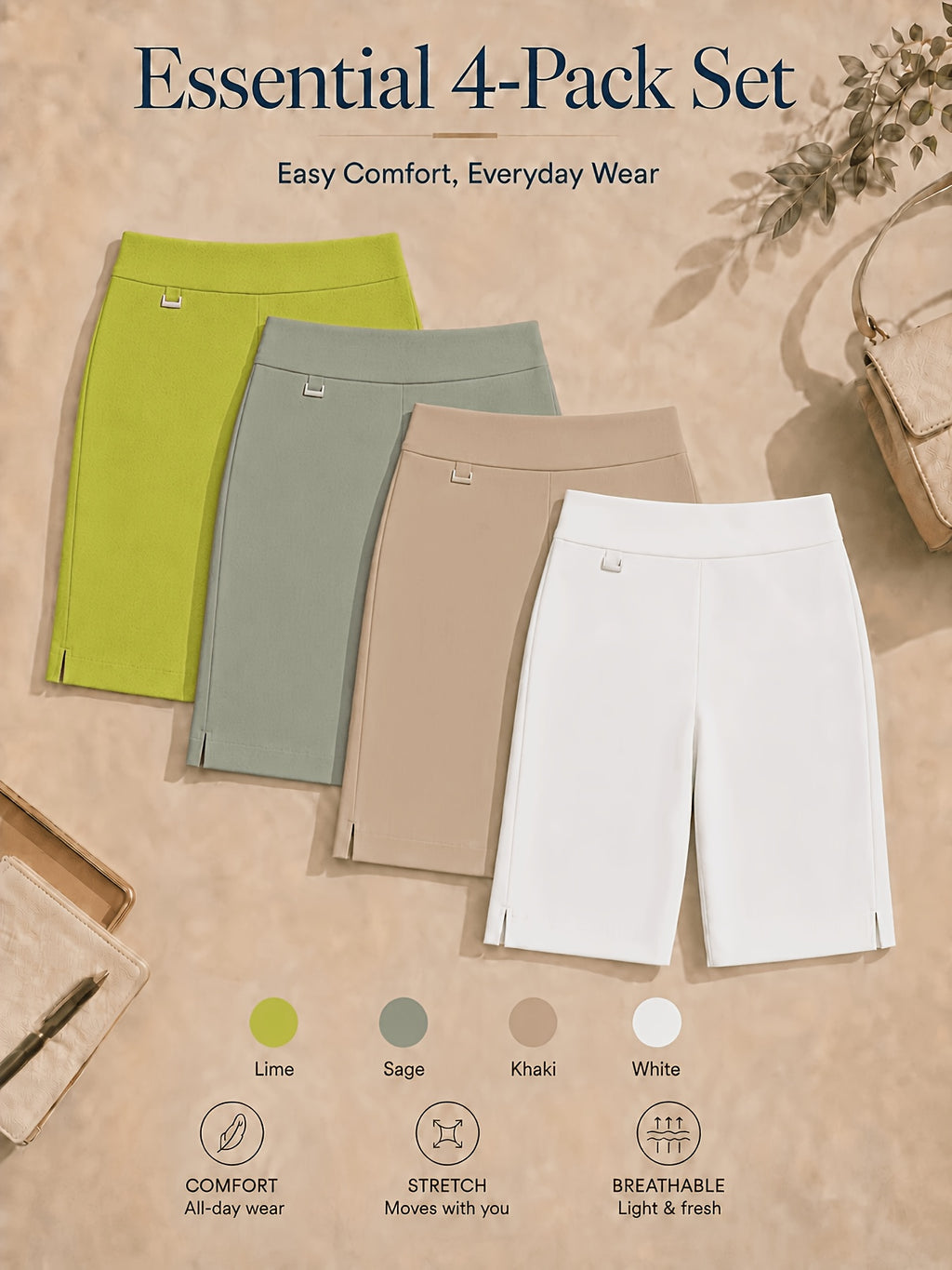 Women's Bermuda Shorts 4-Pack Pull-On Stretchy Breathable Knee Length Work Shorts with Side Slit Hem Skin-Friendly Multi-Color Set