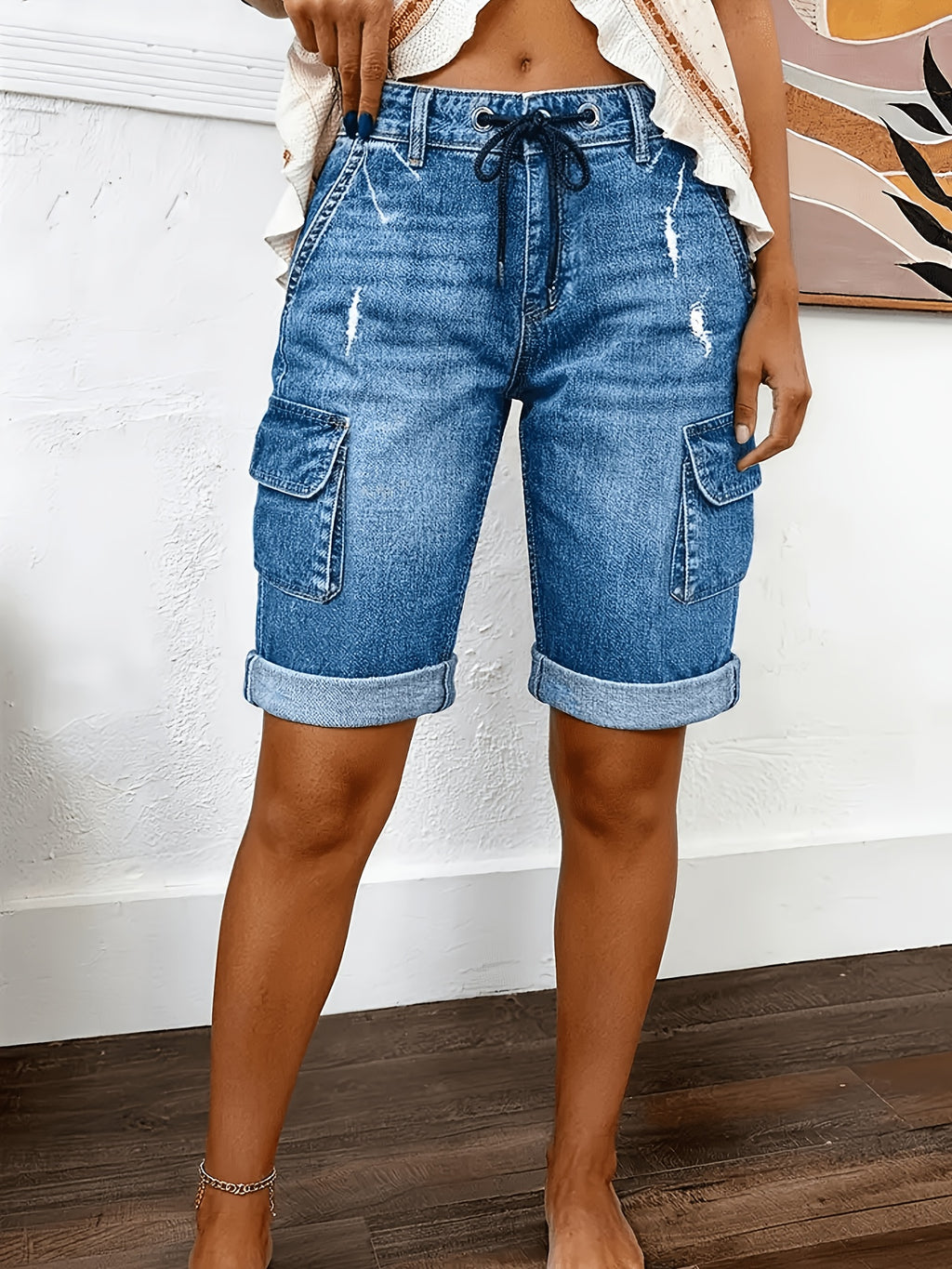 Denim Cargo Shorts for Women - Distressed Faded Mid Rise Relaxed Fit, Large Side Pockets Bell Bottom Hem Machine Washable, Casual Spring Summer Outdoor Jean Shorts