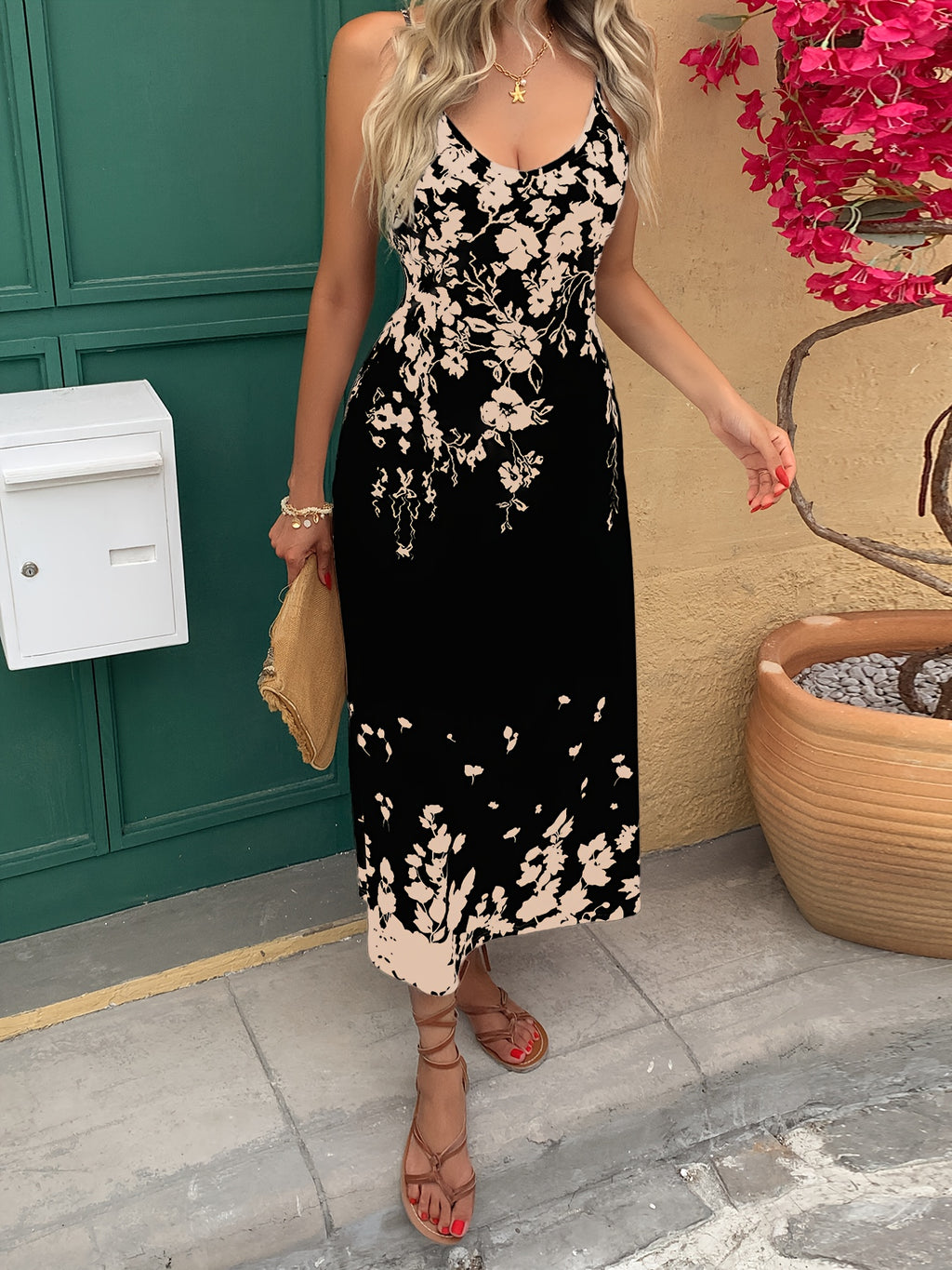 Floral Tropical Print Maxi Dress Women V Neck Spaghetti Strap Summer Vacation Beach Holiday Long Dress Elegant S-XXL