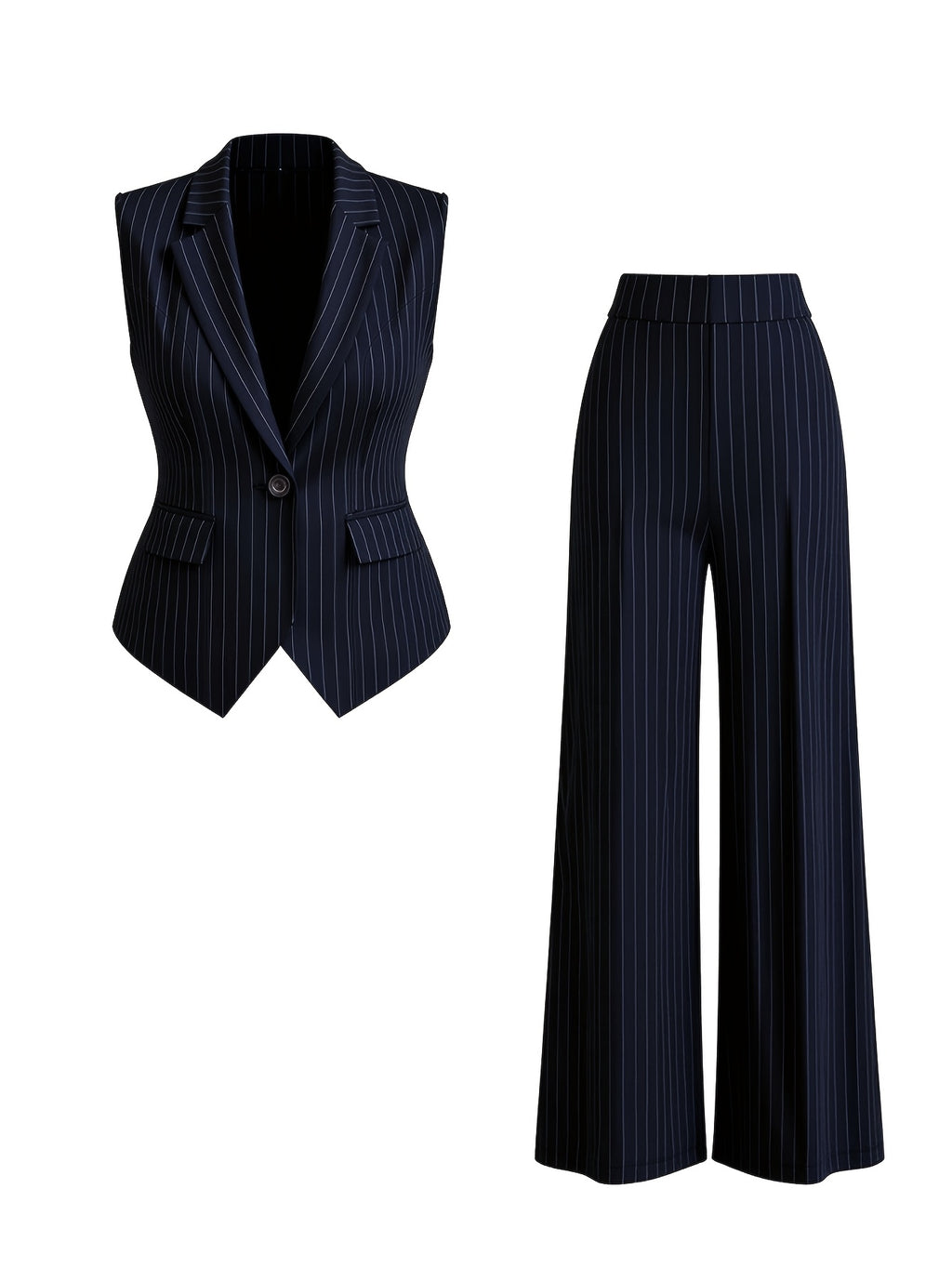 Striped Suit Vest Bell-Bottom Pants 2pcs Set Women Vintage Office Wear Chic Commute Formal Occasion Spring Fall Two-Piece Outfit Black Navy Milky S-XXL