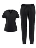 Women's Elastic Scrub Pants Set V-Neck Short Sleeve Breathable Workwear Uniform Solid Color with Pocket | Mira Roam