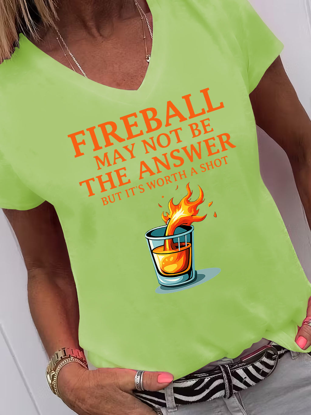 Fireball May Not Be The Answer Funny Quote V-Neck T-Shirt Women Casual Graphic Print 95% Polyester Stretch Knit Short Sleeve Novelty Holiday Gift Tee S-XXL