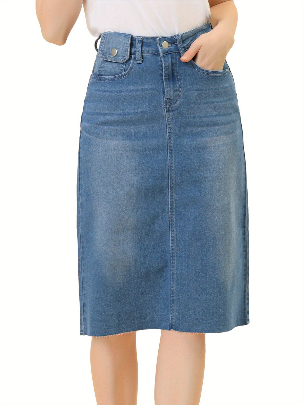 High Waist Denim Midi Skirt Women A-Line Back Slit Stretch Casual Jean Skirt Raw Hem Flared Spring Summer 2025