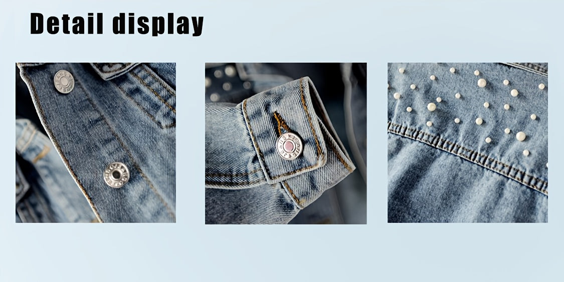 Pearl Neck Elastic Denim Jacket Women Loose Casual Long Coat Raglan Sleeve Lapel Flared Hem Light Blue Spring Autumn Outerwear