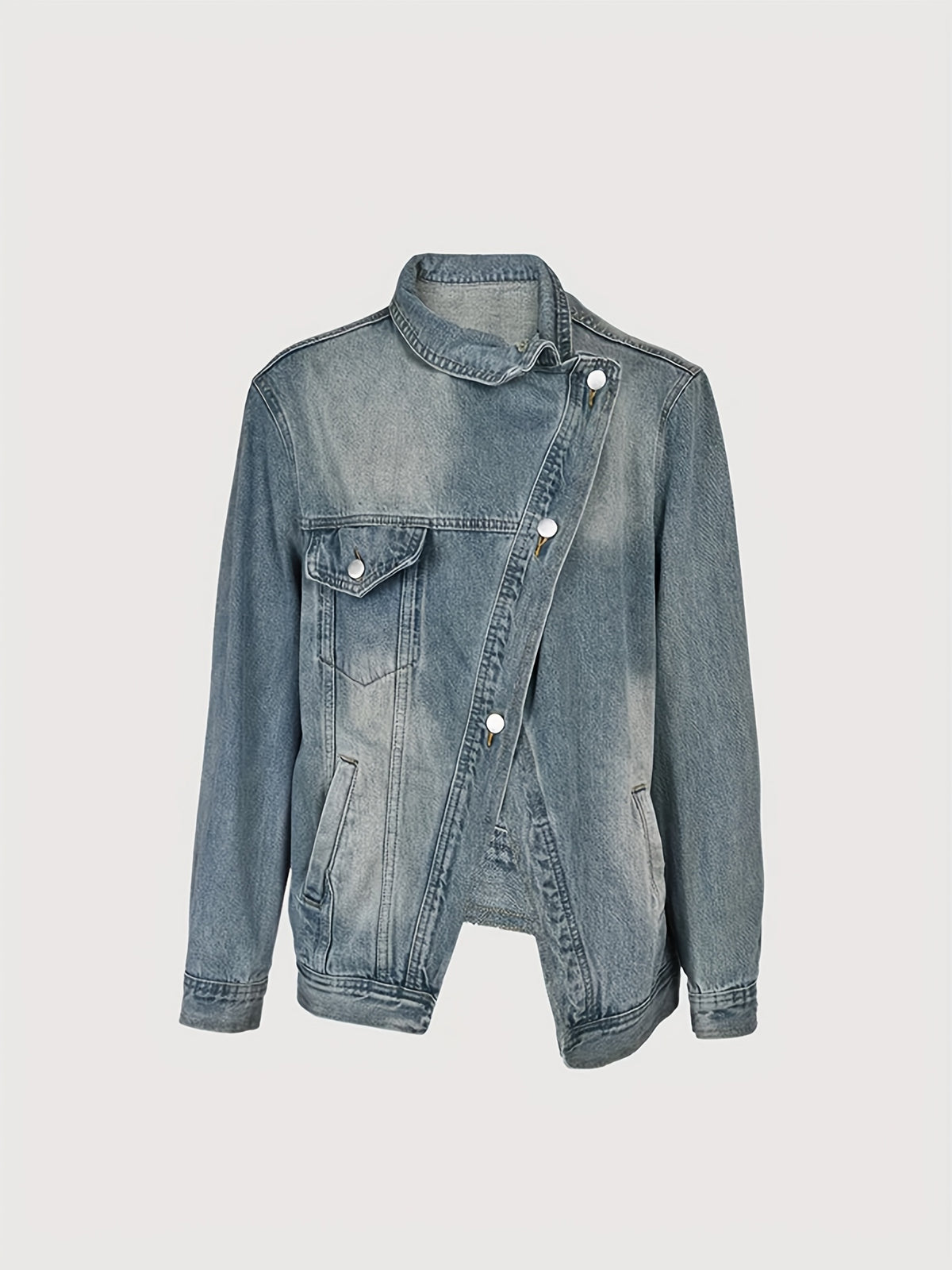 Vintage Washed High Neck Asymmetric Button Denim Jacket Women Loose Fit Drop Shoulder Streetwear Coat Light Blue Spring Fall S-XXL