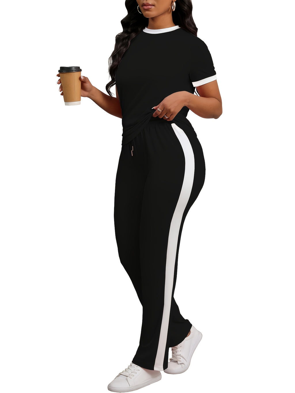 Women Colorblock 2 Piece Tracksuit Set Short Sleeve Crew Neck Top Striped Sweatpants Casual Lounge Jogger Matching Outfit for Workout Everyday Wear