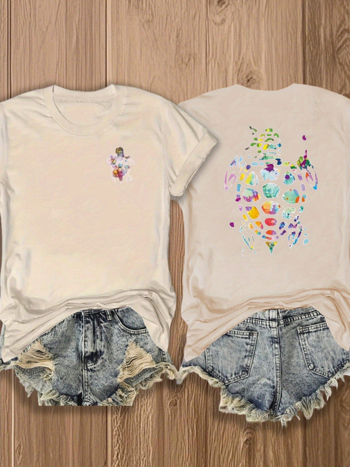Colorful Sea Turtle Graphic T-Shirt Women Double Sided Print Casual Summer Tee Beach Nature Lover Top