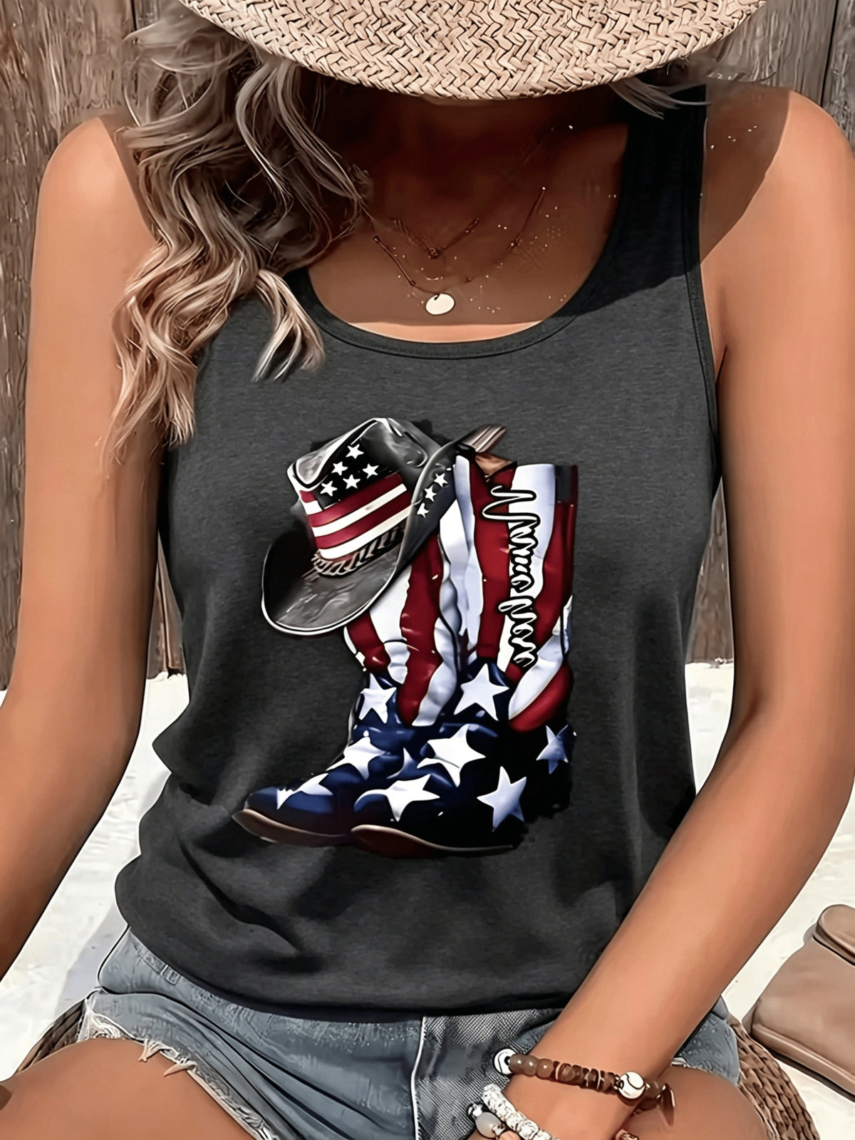 American Flag Cowboy Boots Hat Print Tank Top Women 4th of July Summer Patriotic Tee