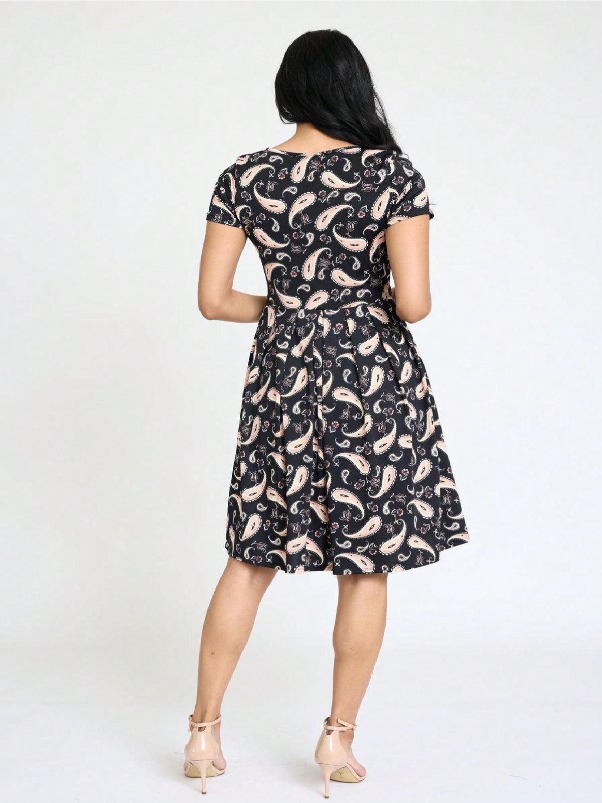 Paisley Floral Swing Dress Women Chevron Stripe Patchwork Pleated Square Neck Elastic Waist Midi Casual Plus Size S-3X