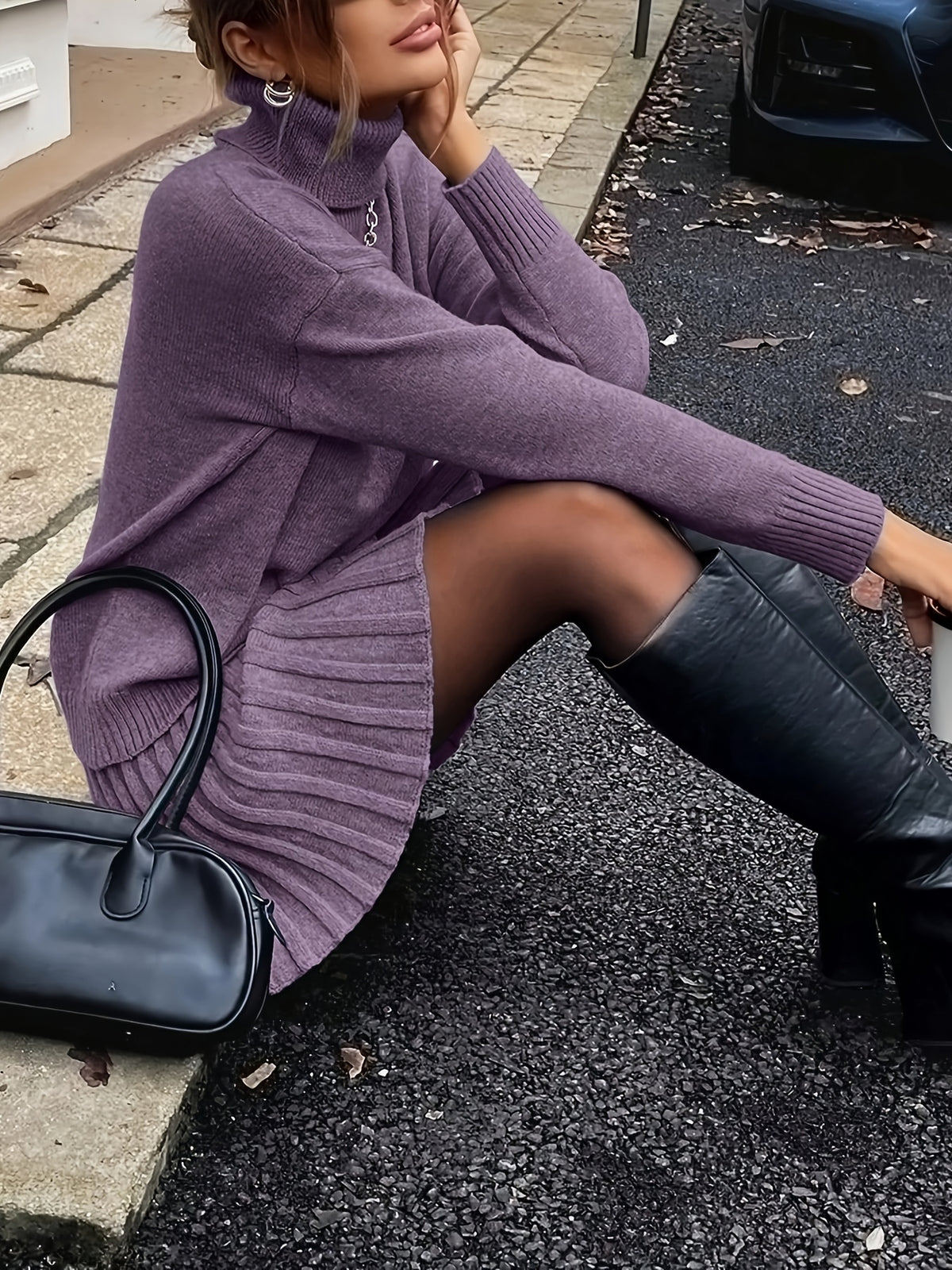 High-Neck Sweater Pleated Skirt Two-Piece Set Women Elegant Drop Shoulder Long Sleeve | Chic Knit Top + Pleated Skirt Co-Ord for Fall Winter Office & Daily Wear