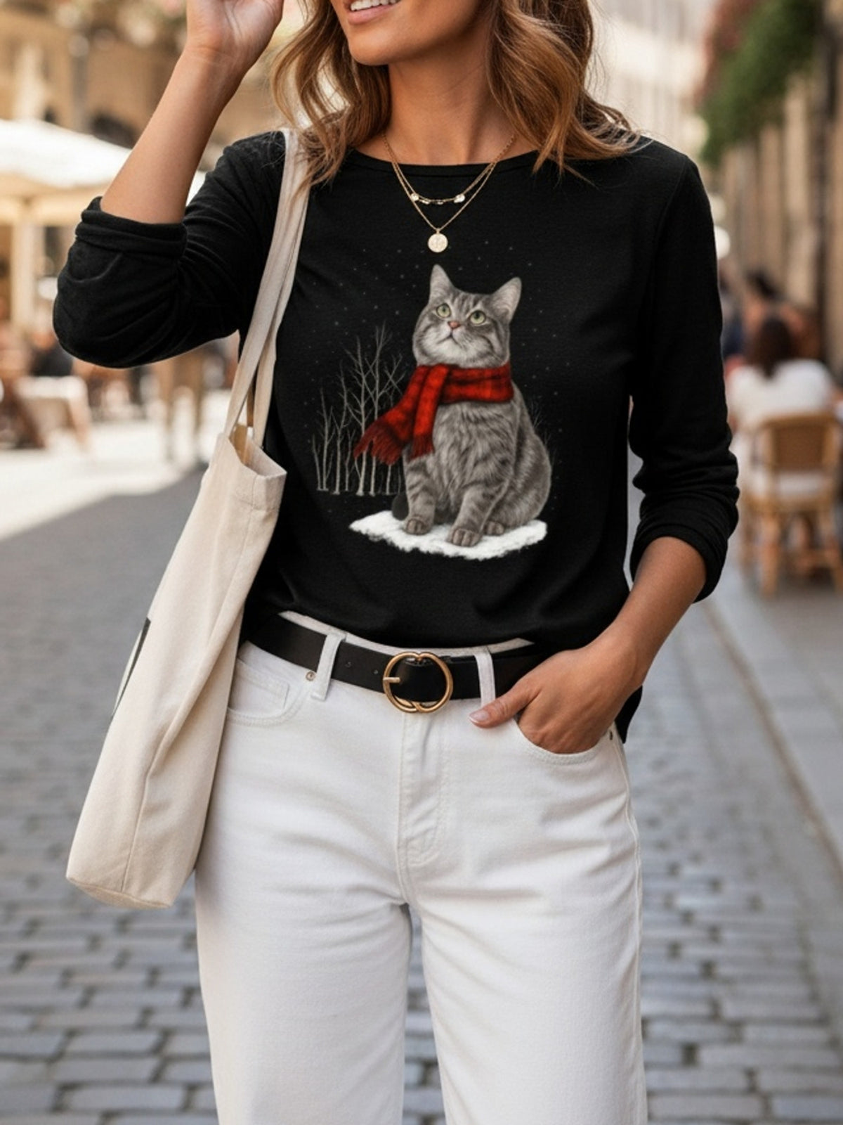 Christmas Cat Print Women Long Sleeve T-Shirt Crew Neck Casual Holiday Graphic Tee Soft Breathable Multi-Color Top Spring Fall