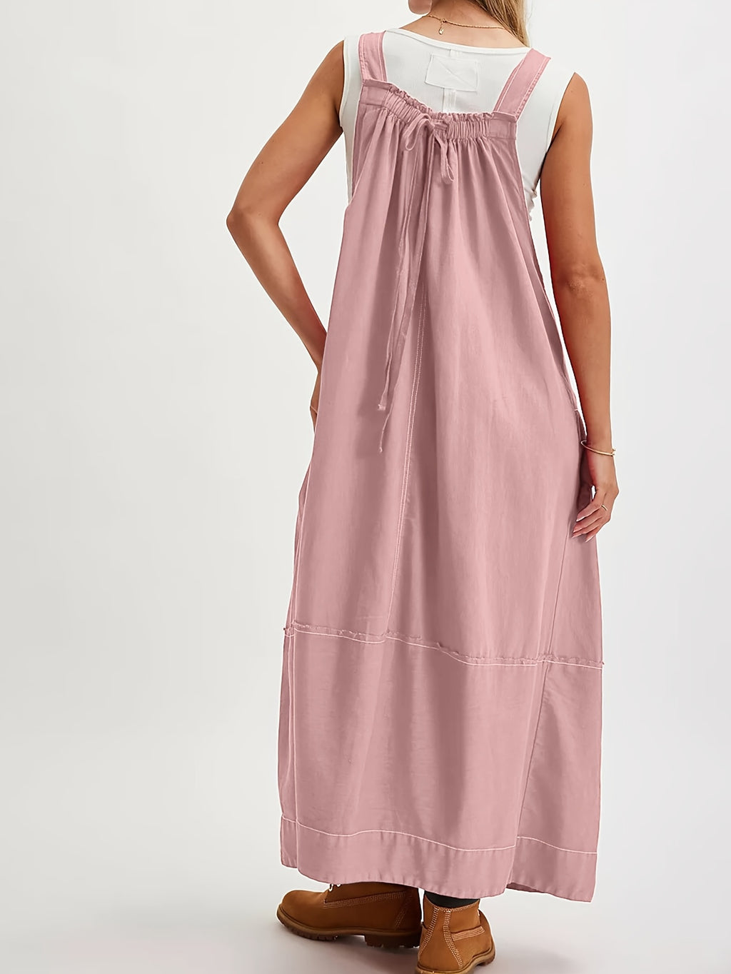 Overall Dress Women Loose Adjustable Strap Midi Length Big Pockets Workwear Casual Bib Jumper Dress Spring Summer S M L XL XXL