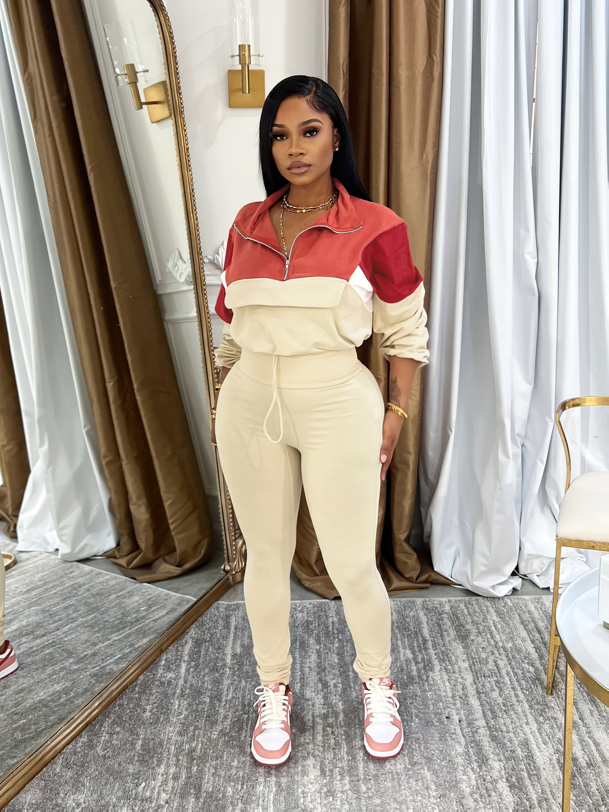 Lapel Crew Neck Sweatsuit Set for Women – Half-Zip Long Sleeve Sweatshirt & Sweatpants 2-Piece Casual Outfit, Solid Color Fall Winter Loungewear