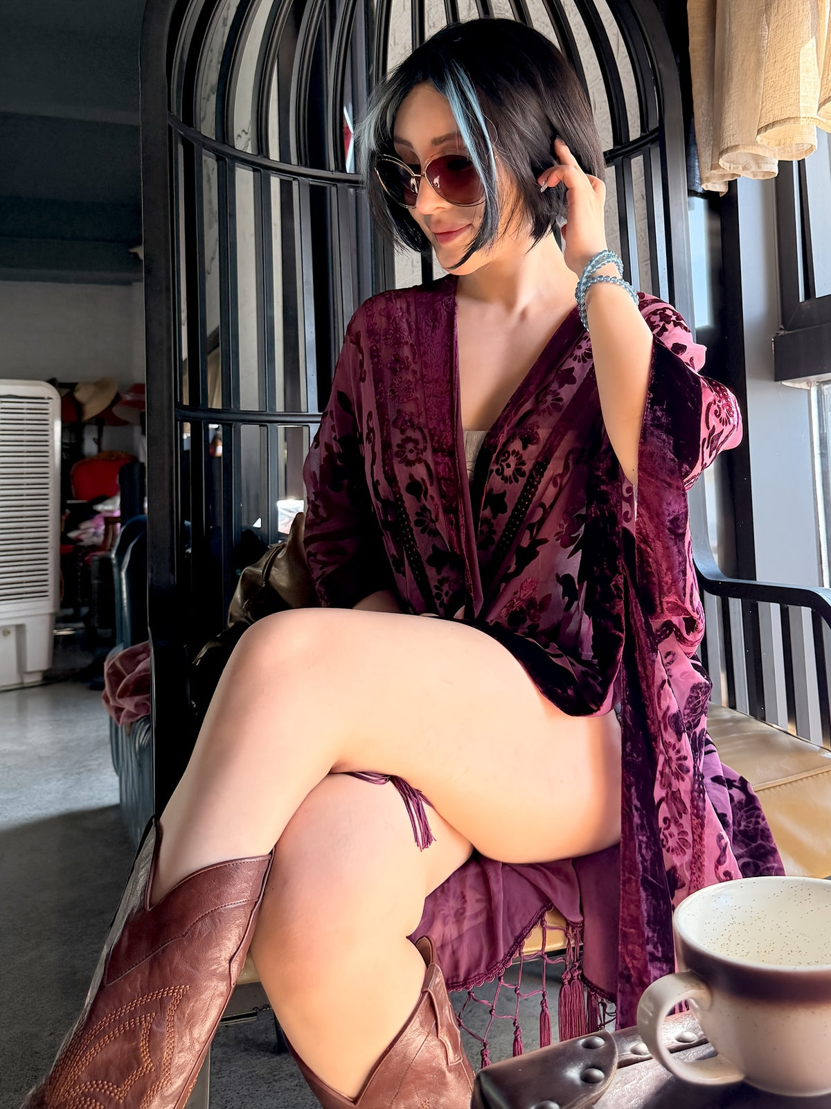Boho Burnout Velvet Kimono Women Long Cardigan Cover Up Tassel Floral Embroidered One Size