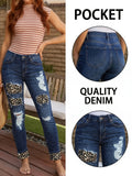 Leopard Patch Ripped Skinny Jeans for Women Dark Wash Mid Rise Stretchy Denim Edgy Casual Fit
