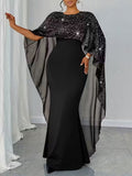 Sequin Mermaid Gown Women Cape Shimmer Evening Formal Dress - Fitted Fishtail Silhouette, Crew Neck, Luxurious 100% Polyester Fabric, Fall Winter High-End Party Event