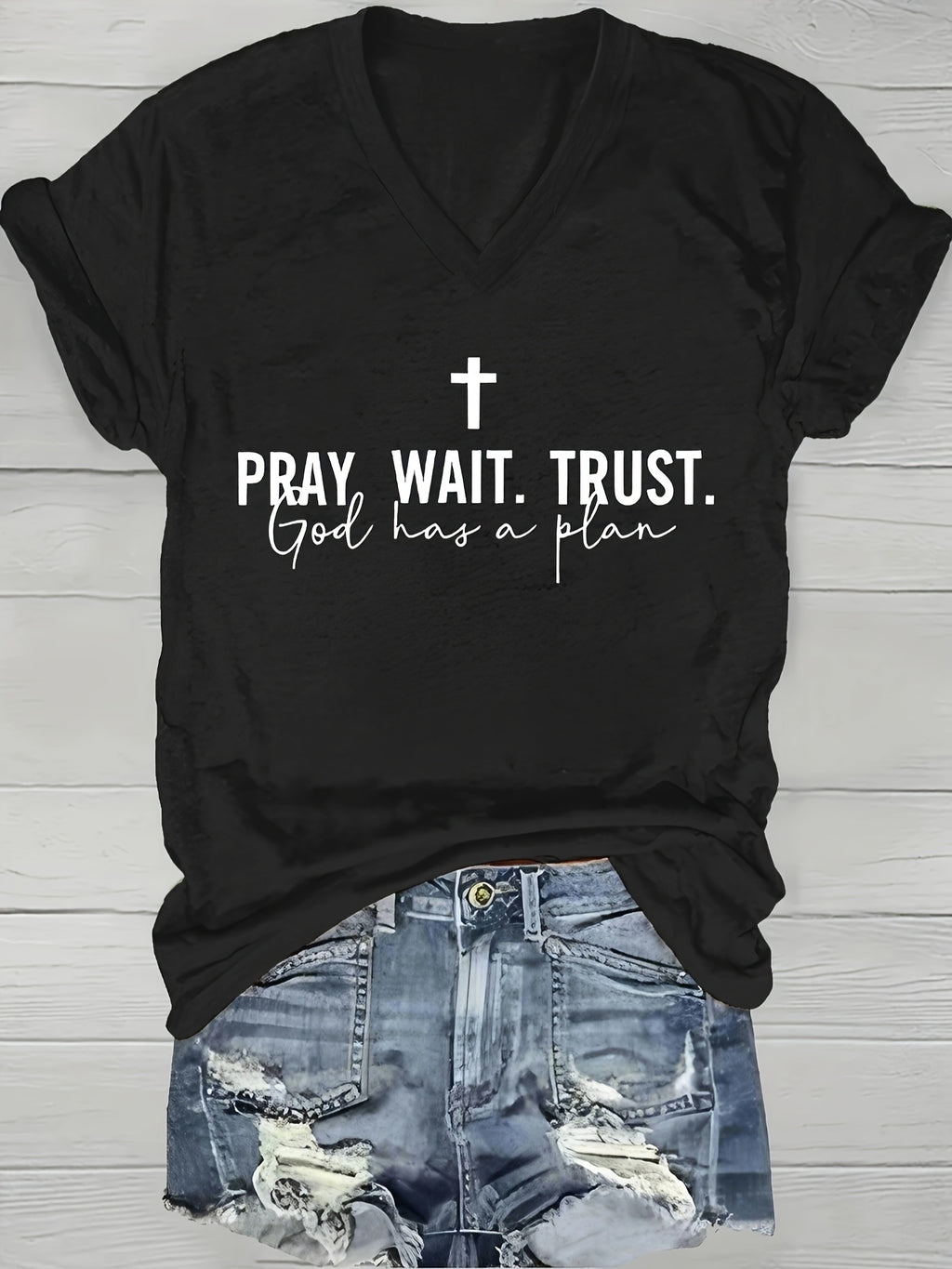 Faith Slogan V-Neck Tee Women Pray Wait Trust Print Short Sleeve 180gsm Casual Spring Summer Inspirational Top S-XXL