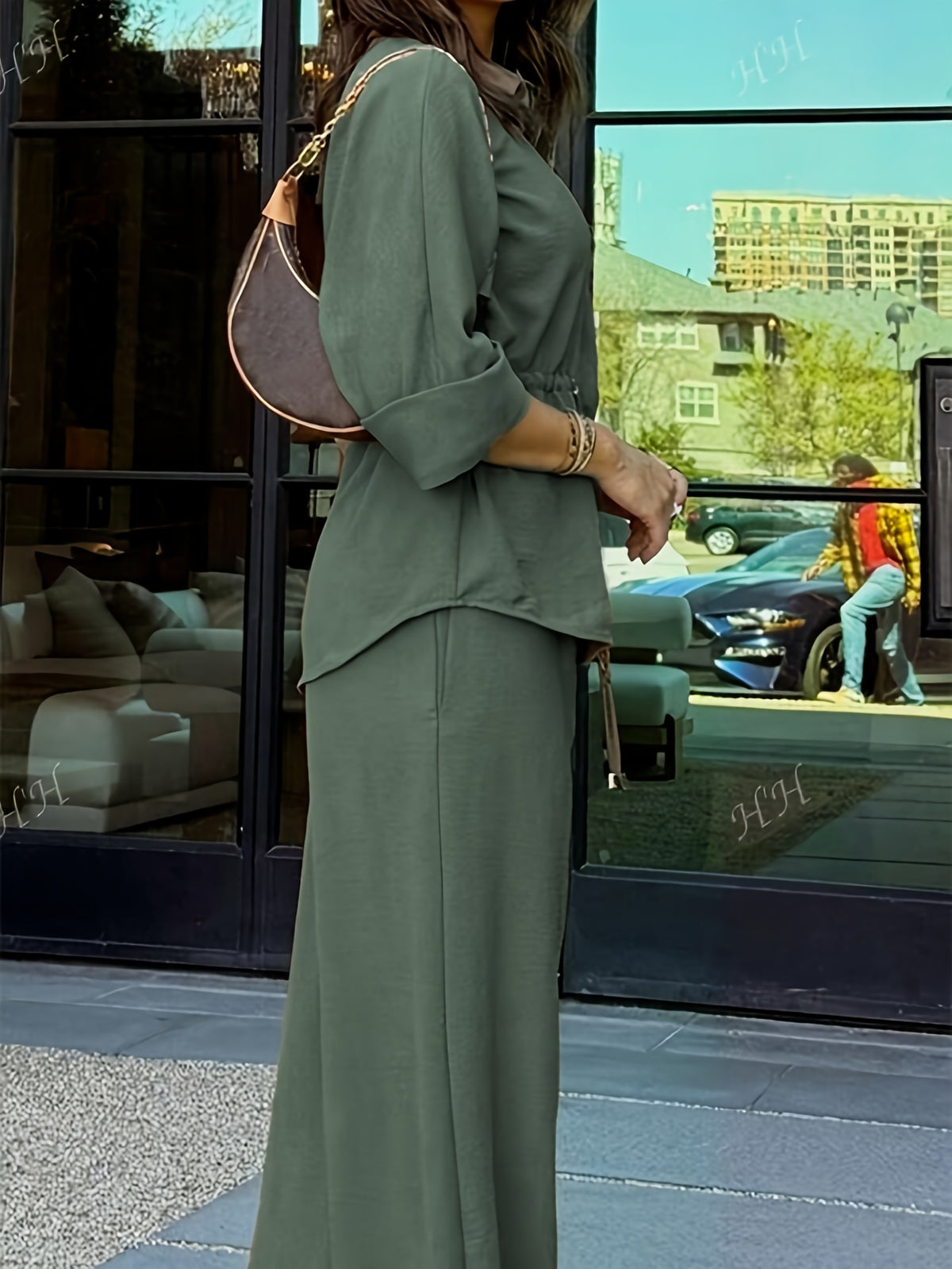 Khaki Shirt-Style Top & Wide-Leg Pants 2-Piece Set for Women – Drawstring Adjustable Waist Casual Outfit for Outings, Daily Commute & Light Social Occasions
