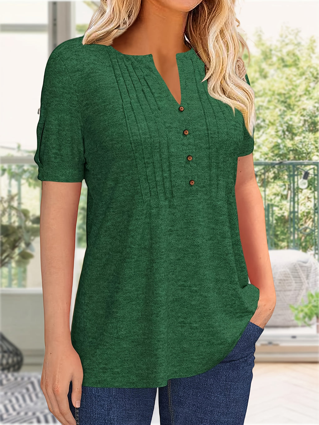 Button Front V-Neck Top Women Pleated Detail Short Sleeve Solid Color Casual Summer Blouse Lightweight Breathable Machine Washable