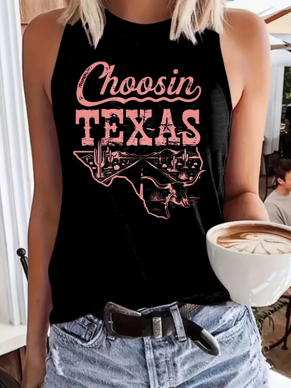 Texas Outline Print Sleeveless Tank Top for Women - Loose Casual Breathable Round Neck T-Shirt Vest, Lightweight Machine Washable Summer Top for Outdoor & Everyday Wear