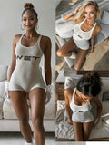 White Sleeveless Raw Hem Tank Romper Women Graphic Print Slim Fit Sporty Casual Bodysuit One-Piece