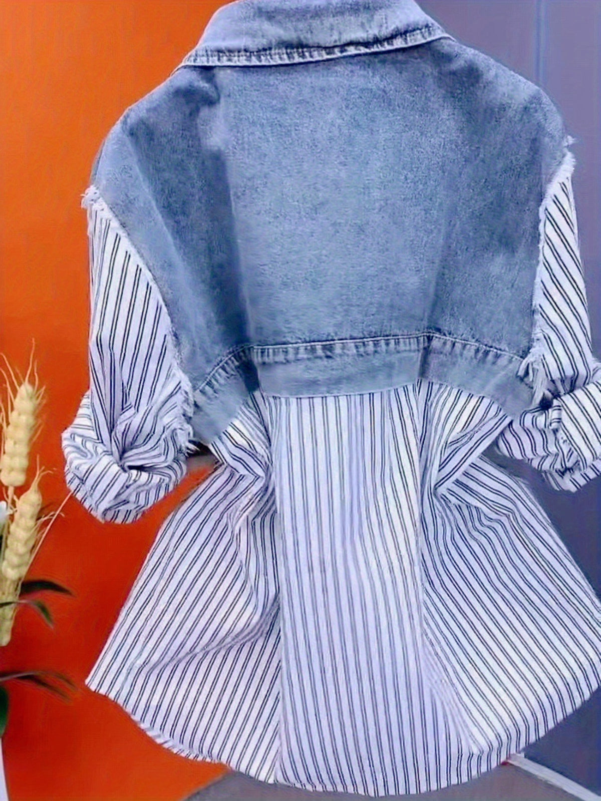 Denim Patchwork Crop Shirt Women Letter Print Blouse Striped Accents Spring Casual Top