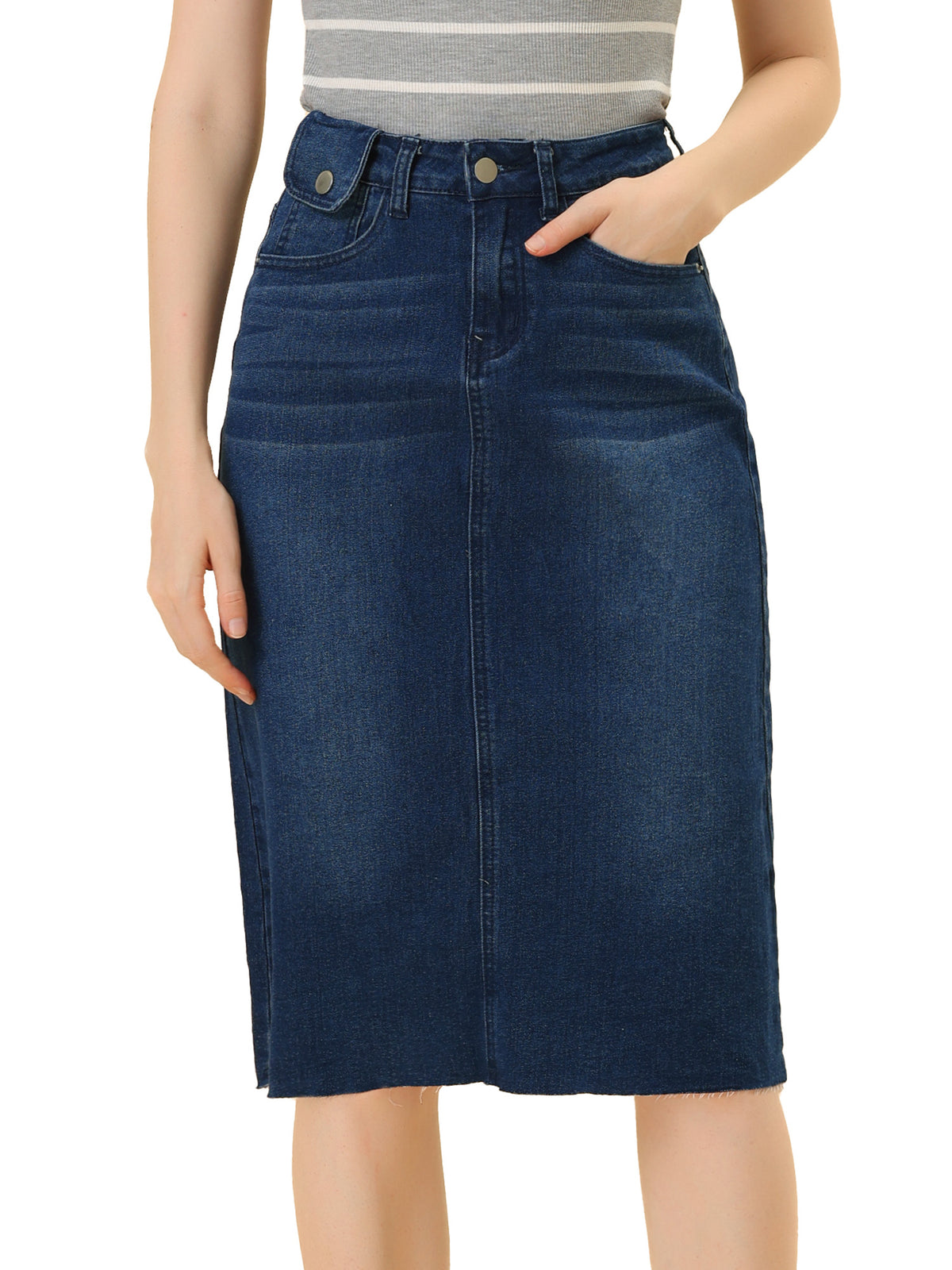 High Waist Denim Midi Skirt Women A-Line Back Slit Stretch Casual Jean Skirt Raw Hem Flared Spring Summer 2025