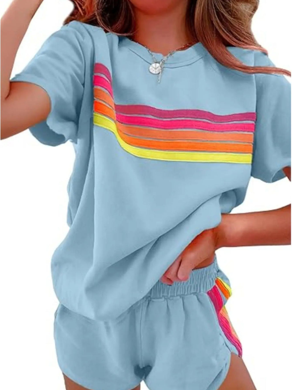 Color Block Shorts 2 Piece Set Women Chic Matching Outfit Top & Shorts White Blue Pink Brown Casual Summer