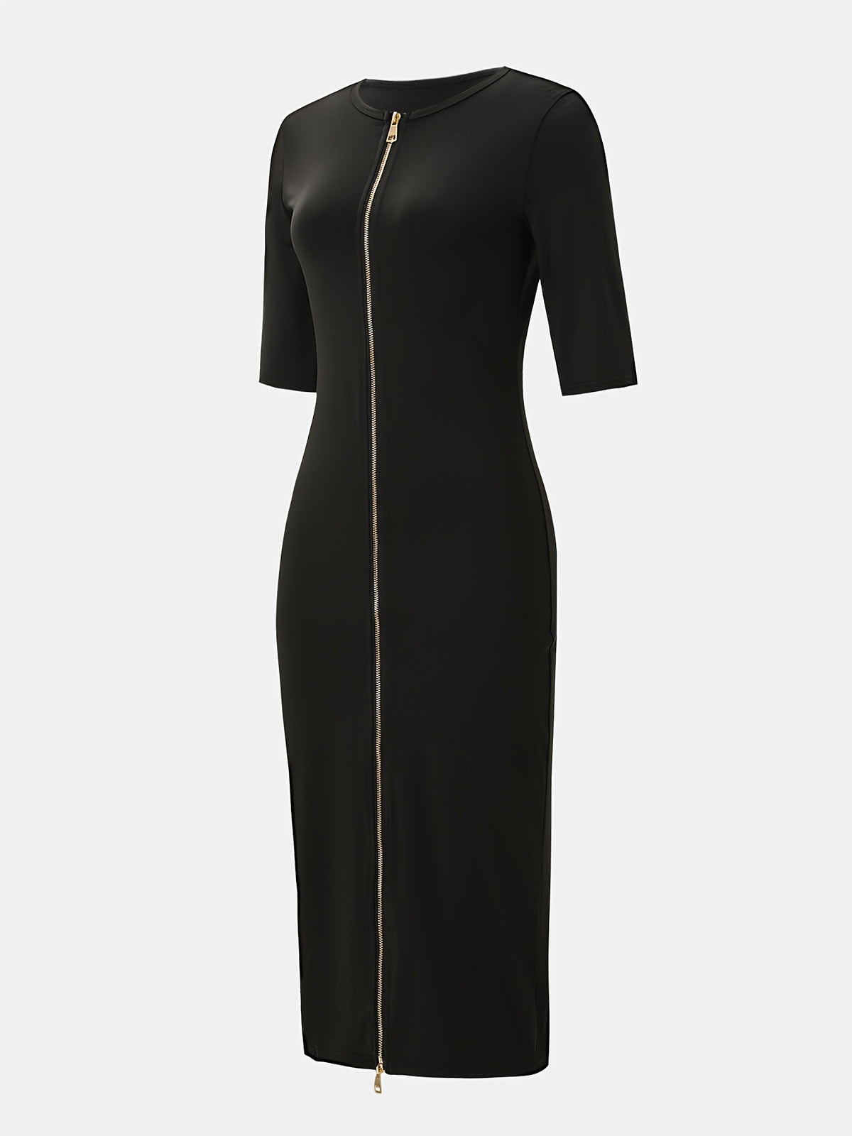 Women's Slim Fit Boat Neck Zipper Dress Short Sleeve Elegant Mid-Length Casual Dress Spring Summer Autumn