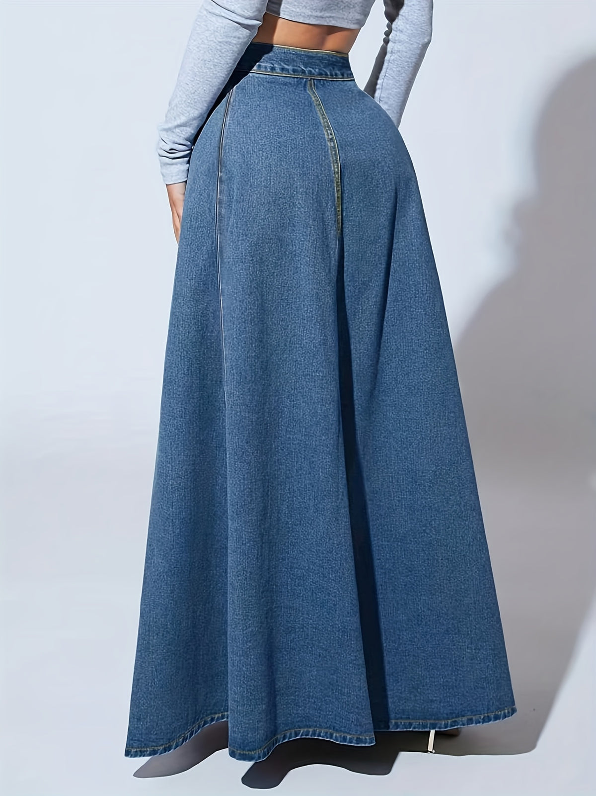 Floral Embroidered Denim Maxi Skirt Women Button Closure Long Jean Skirt Casual Formal All Season Solid Color High Quality 2025