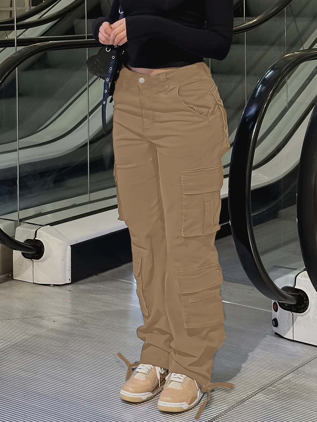 Y2K Retro Wash Women's Work Pants Multi-Pocket Casual Straight Leg Khaki Black Gray S-XXL