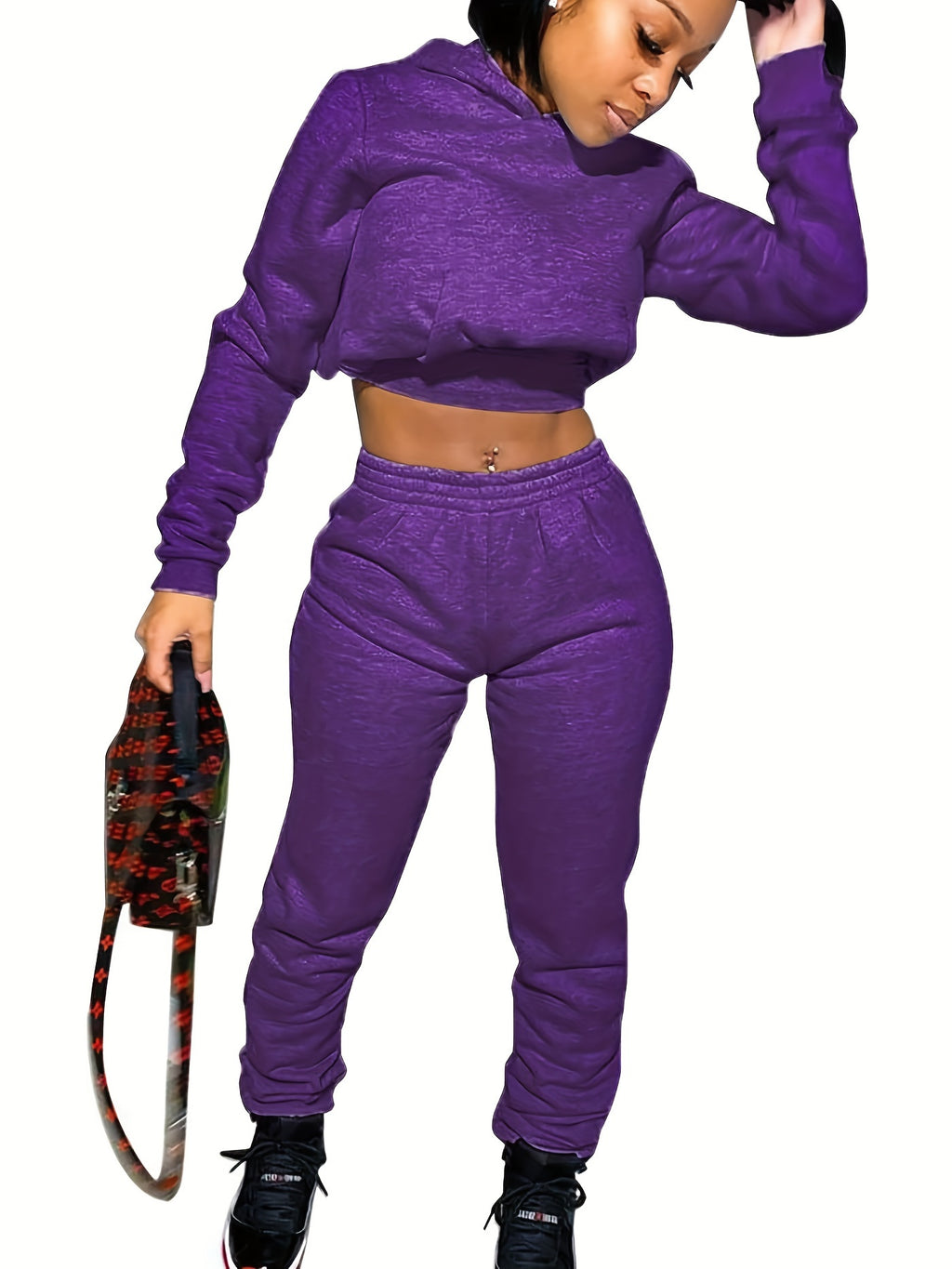Velvet Tracksuit Set Women Cropped Hoodie Kangaroo Pockets Jogger Sweatpants Solid Color Luxe Autumn Winter Lounge Jogger Set S-XXL