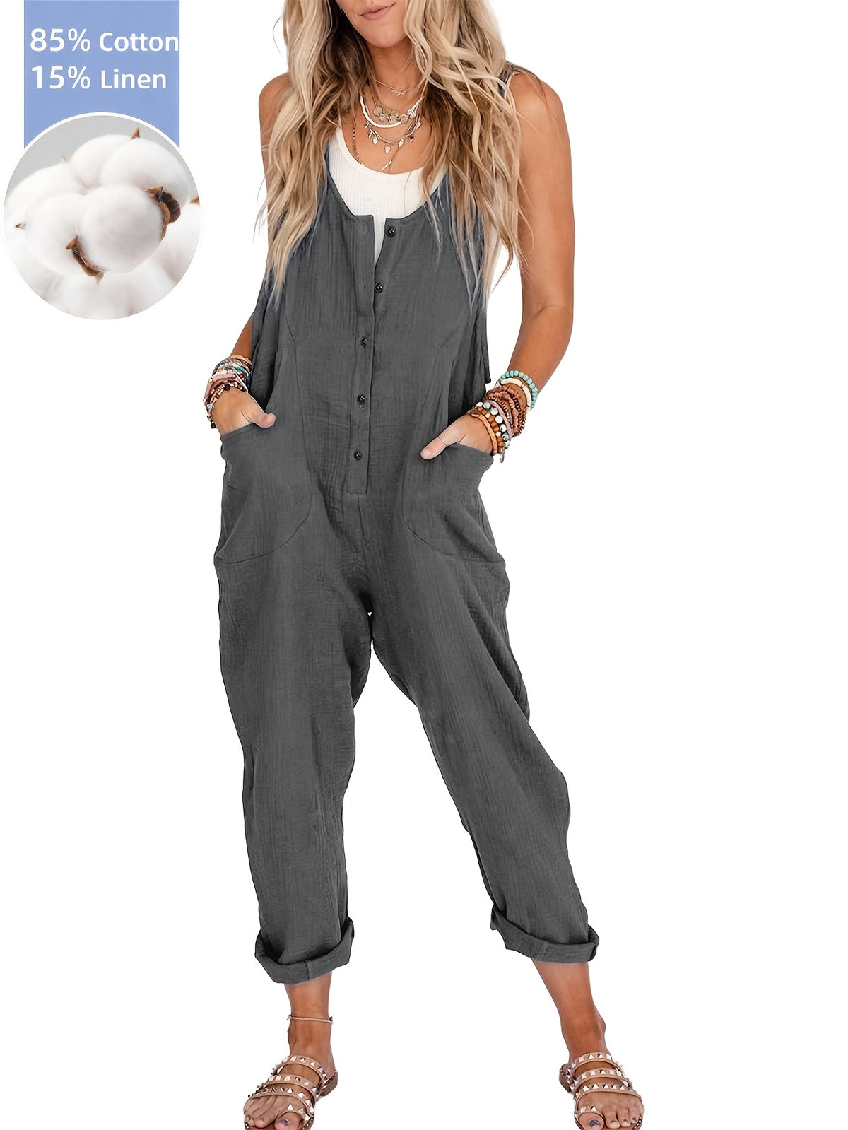 Linen Overalls Women Loose Casual Backless Jumpsuit with Pockets Sleeveless Scoop Neck Spring Summer Fall Multi Colors XS-XXL