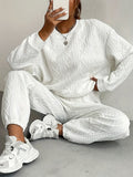 Jacquard Cable-Knit 2 Piece Set Women Round Neck Sweatshirt and Trousers Matching Outfit - Loose Fit Fall Winter Co-ord