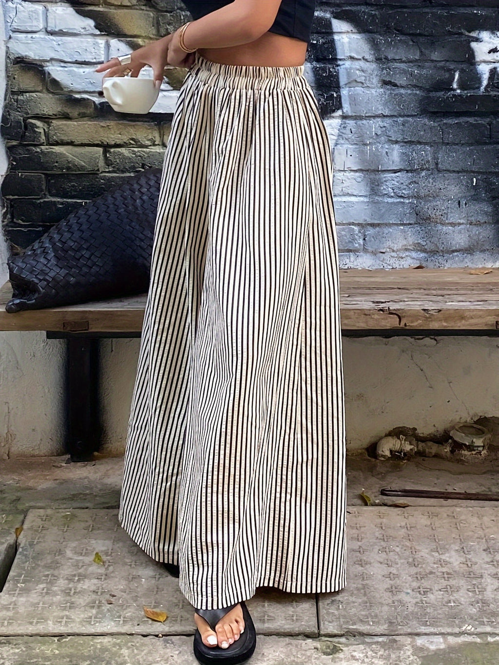 Striped Wide Leg Pants Women Elastic Waist Vertical Stripe Casual Trousers Comfortable Year Round Wear Machine Washable