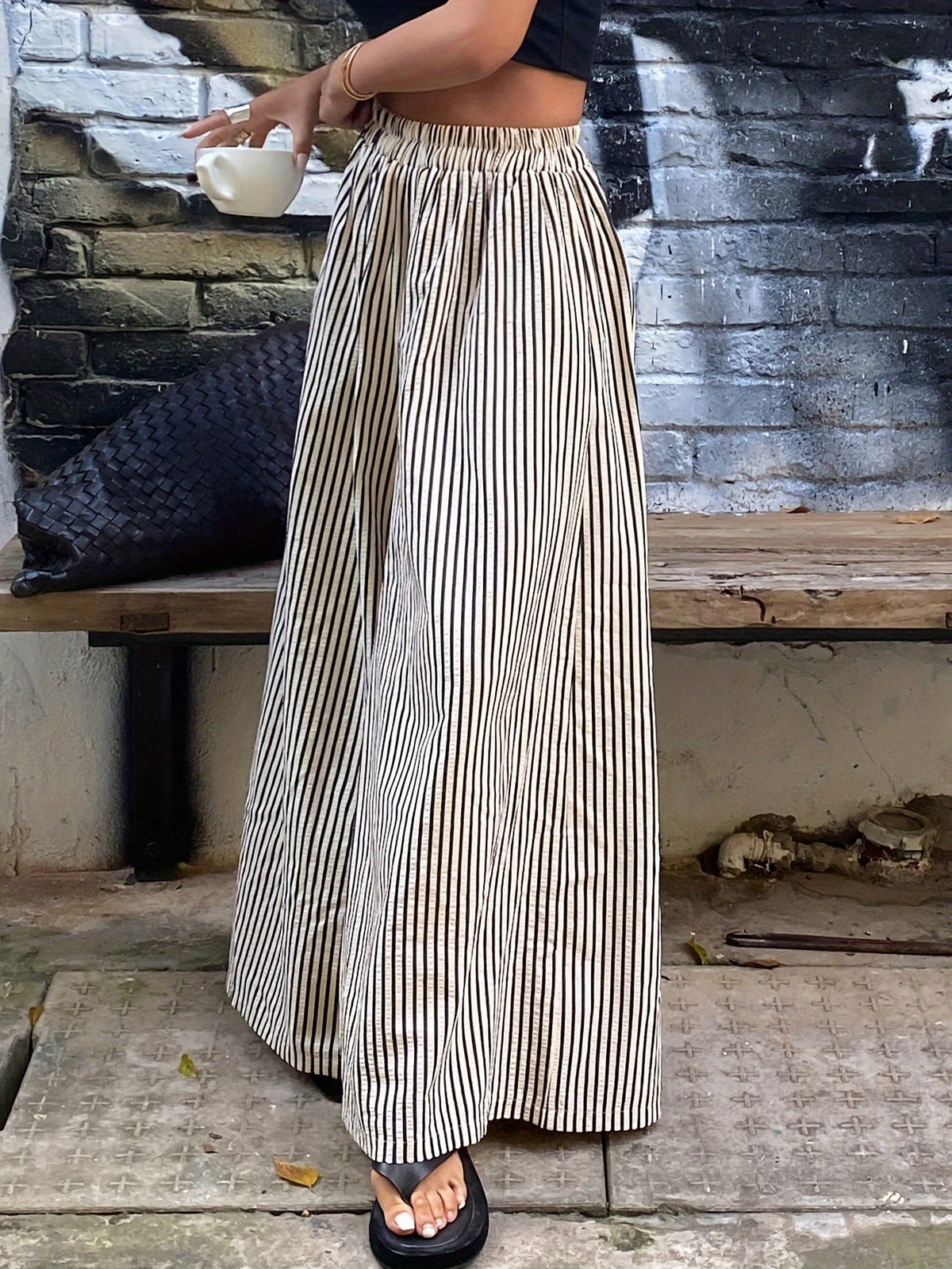 Striped Wide Leg Pants Women Elastic Waist Vertical Stripe Casual Trousers Comfortable Year Round Wear Machine Washable